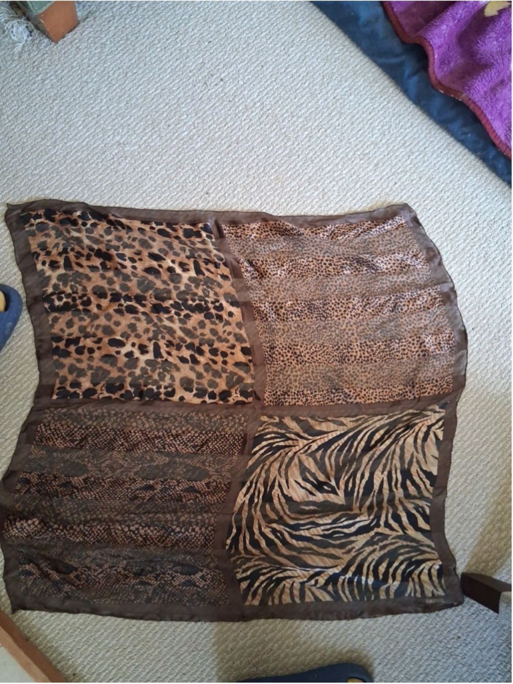 H2#Bill Blass Silk Scarf Animal Print Leopard Zebra Patchwork Brown Black Vintag